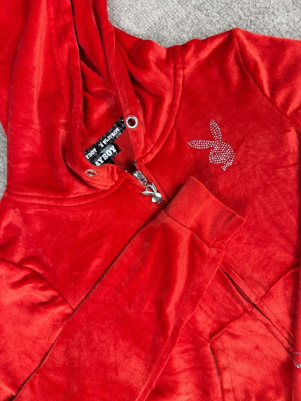 Playboy Red Velour Zip-Up Hoodie with Rhinestone Logo, Size S/P